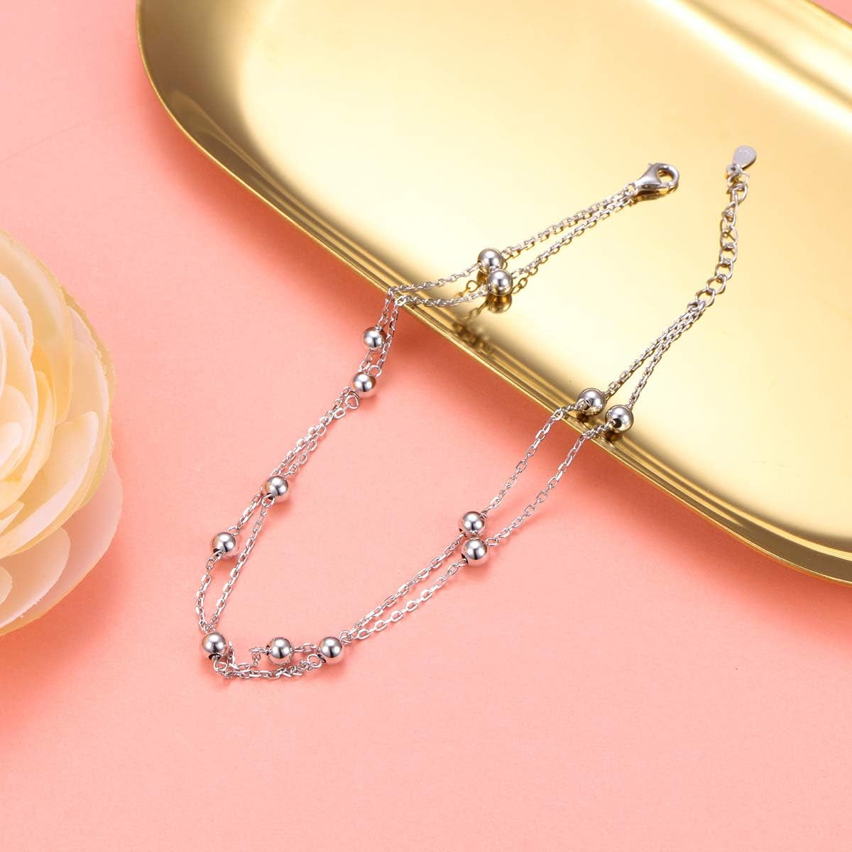 Anklet for Women S925 Sterling Silver Adjustable Foot Beaded Heart Charm Ankle Bracelet Anklets Jewelry