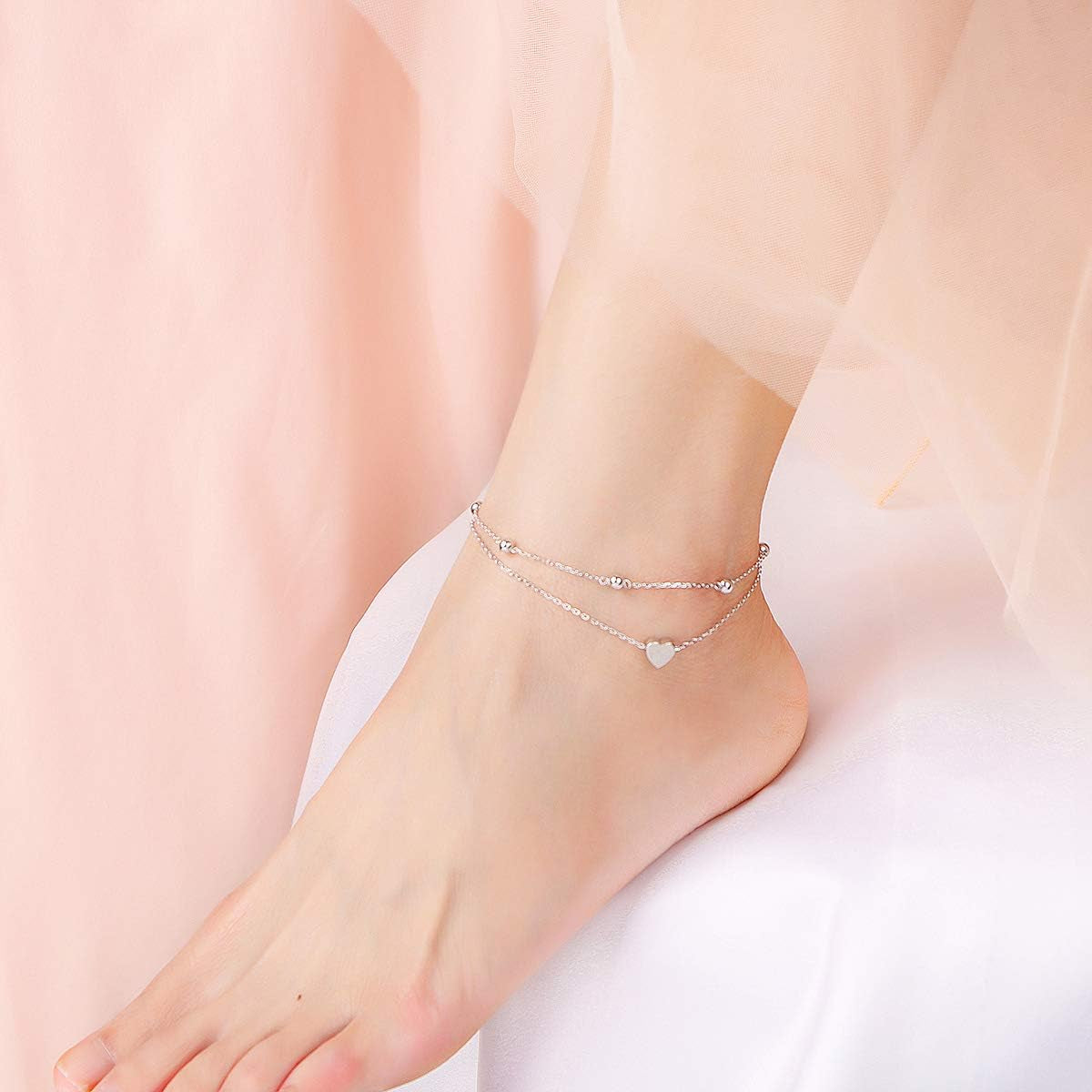 Anklet for Women S925 Sterling Silver Adjustable Foot Beaded Heart Charm Ankle Bracelet Anklets Jewelry