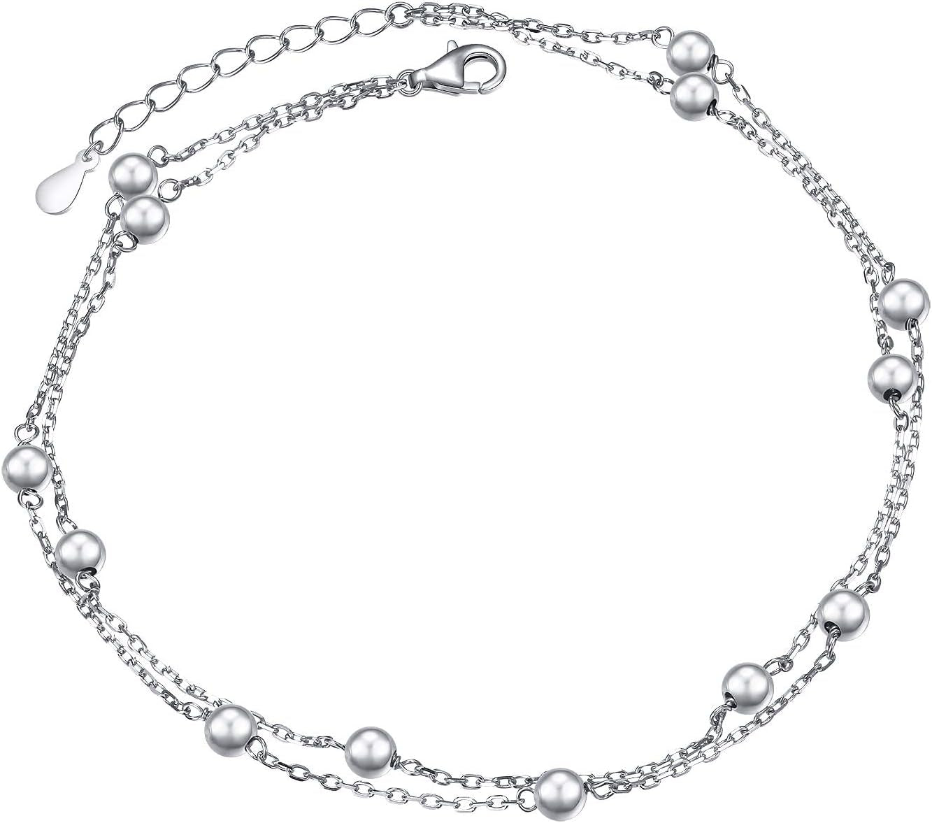 Anklet for Women S925 Sterling Silver Adjustable Foot Beaded Heart Charm Ankle Bracelet Anklets Jewelry