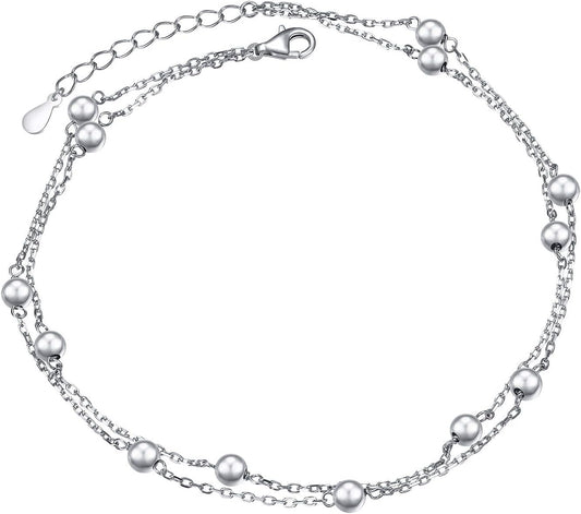 Anklet for Women S925 Sterling Silver Adjustable Foot Beaded Heart Charm Ankle Bracelet Anklets Jewelry