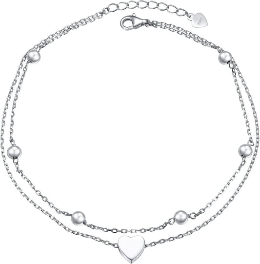 Anklet for Women S925 Sterling Silver Adjustable Foot Beaded Heart Charm Ankle Bracelet Anklets Jewelry